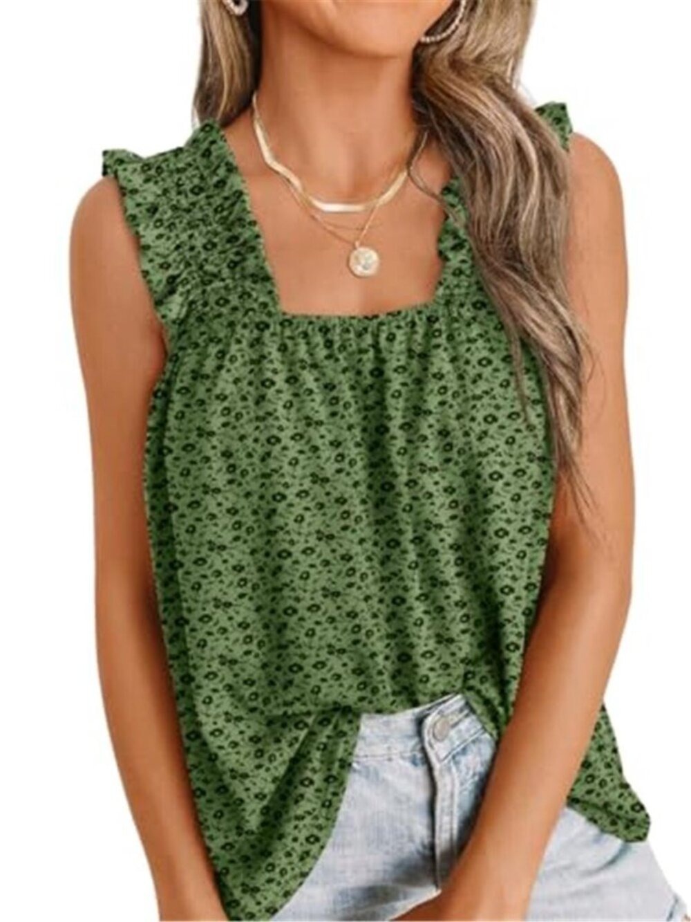 Women Summer Floral Green Wide Strap Square Neck Cute Flowy Tank Top Sleeveless